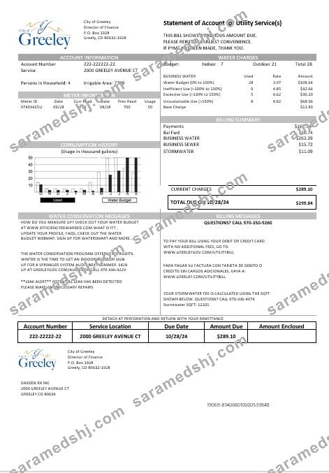 USA Colorado City of Greeley water business utility bill template in Word and PDF formats